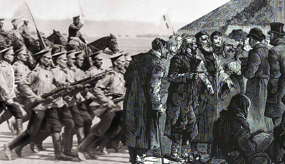 Engraving of the Kyiv Pogrom with russian army wwi