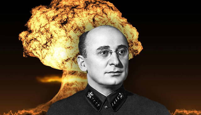Soviet official before nuclear mushroom cloud