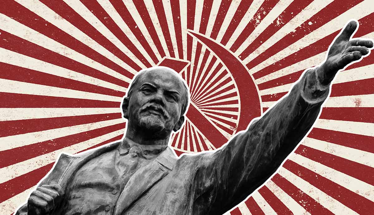 Lenin statue with Soviet propaganda backdrop