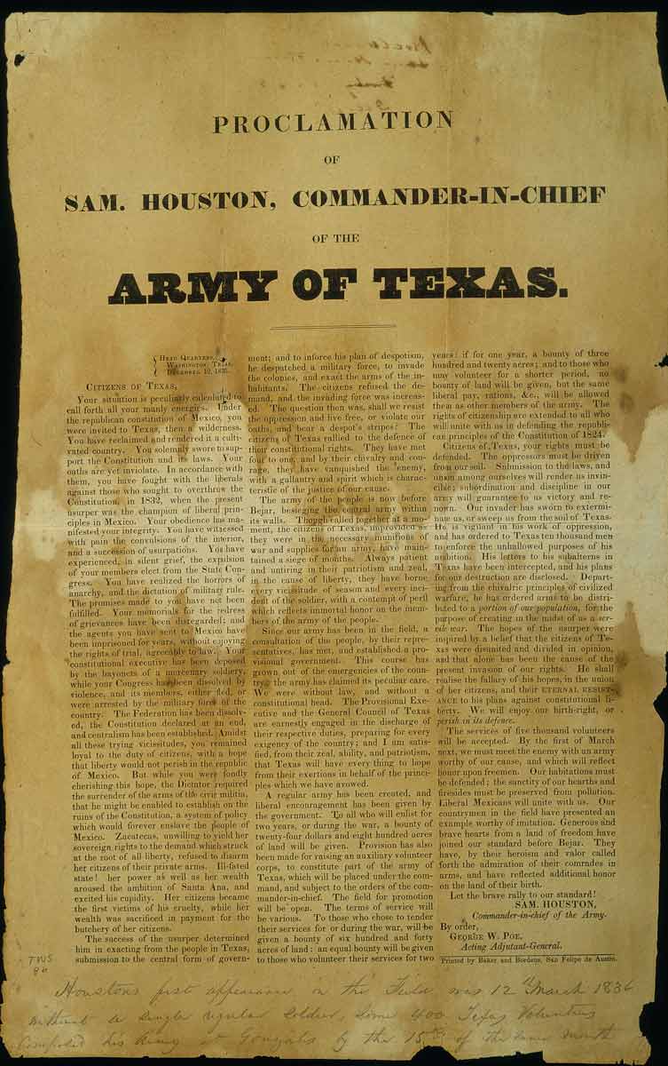 sam houston proclamation to citizens of texas dec 1835
