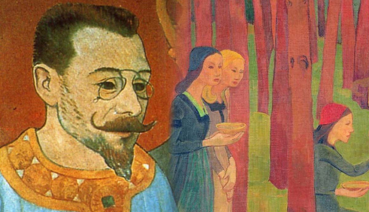 Symbolist figures in mystical forest scene