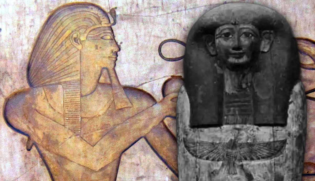 Ancient Egyptian relief and pharaoh statue