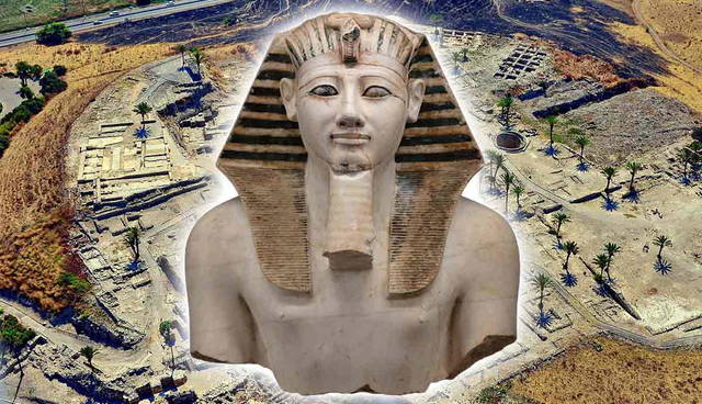 Ancient Egyptian pharaoh statue over ruins