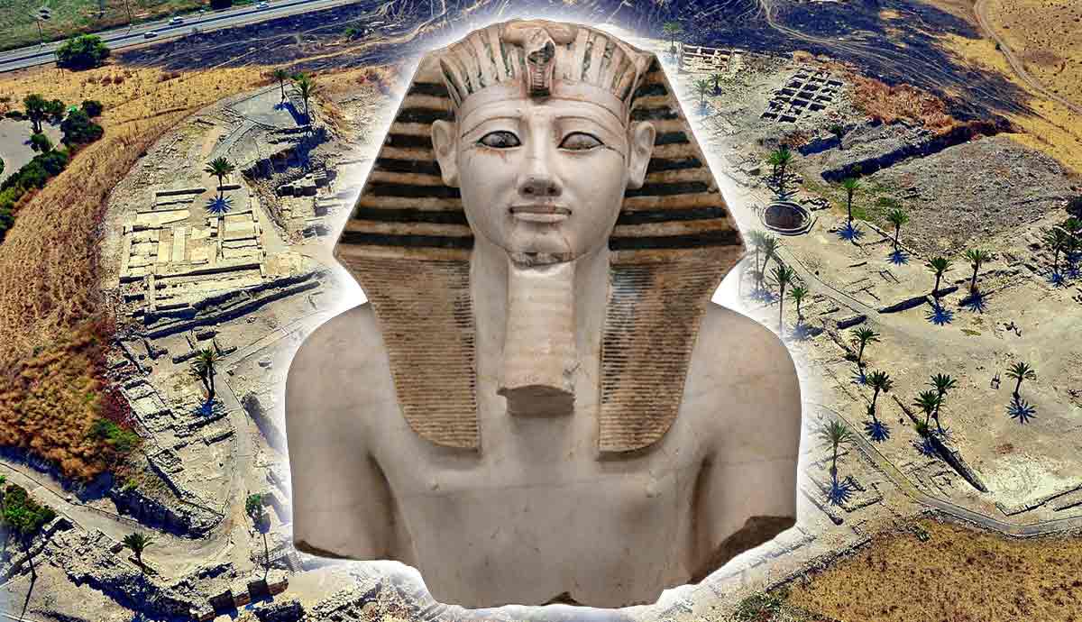 Ancient Egyptian pharaoh statue over ruins