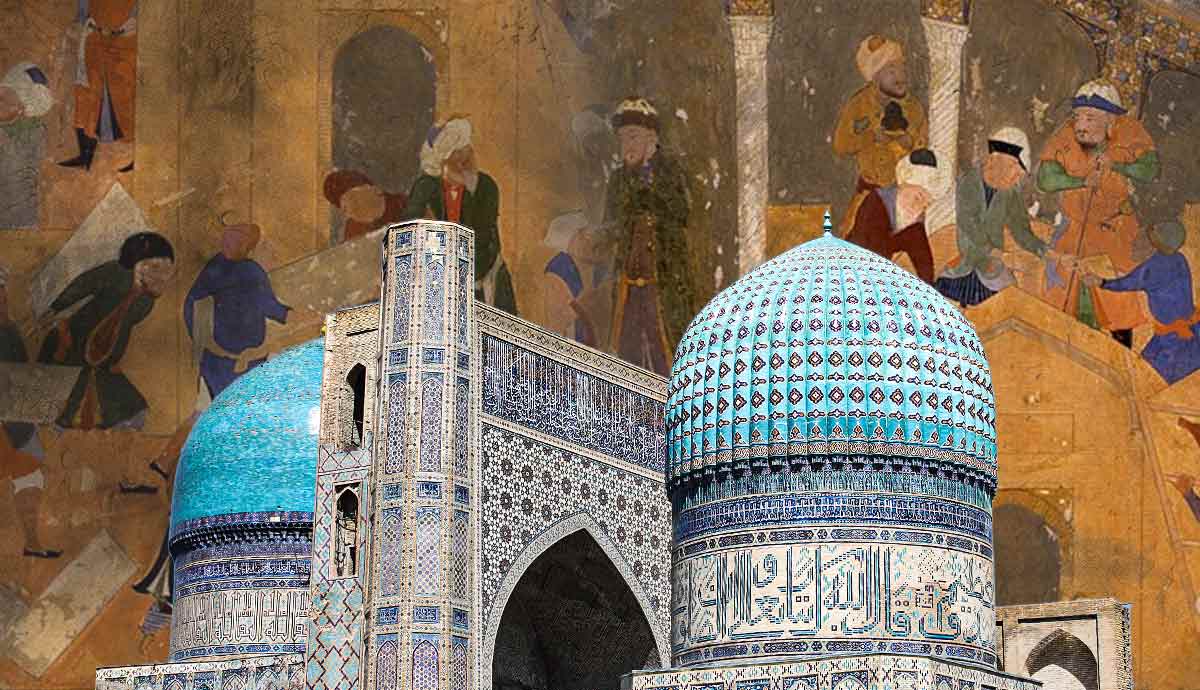 Islamic architecture with medieval manuscript background