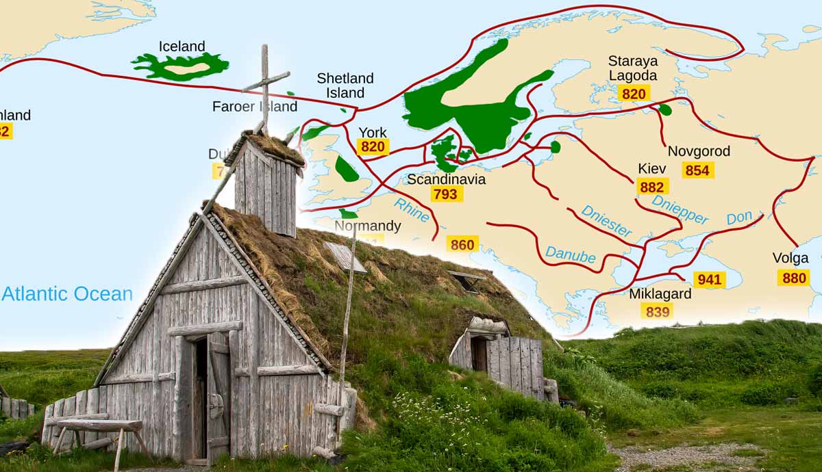 Viking longhouse and trade routes map