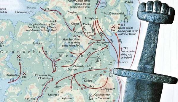 Map of Viking raids Ireland with balinderry sword
