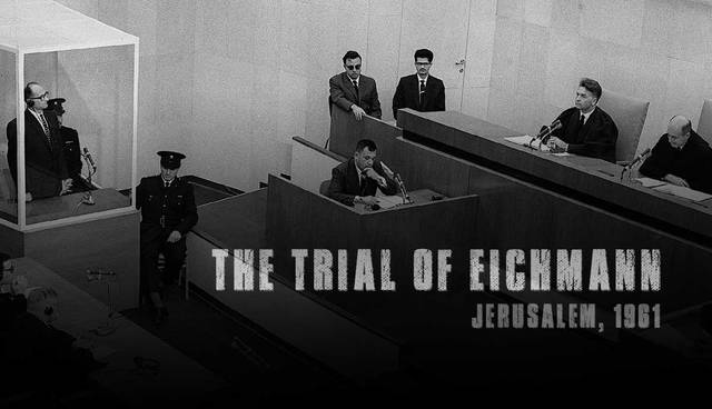 Adolf Eichmann trial with text overlay