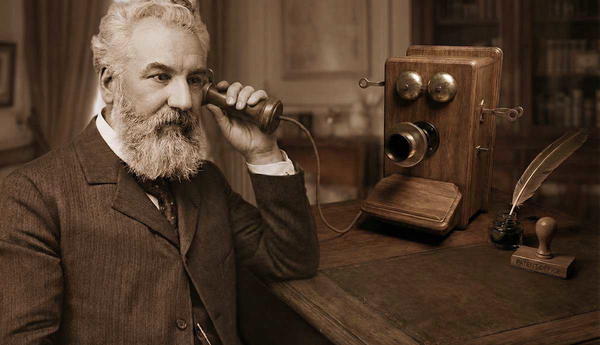 alexander graham bell holding phone to ear