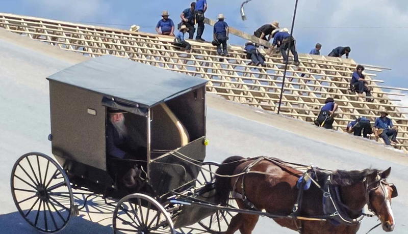 Typical Amish buggy and Amish men raising a barn