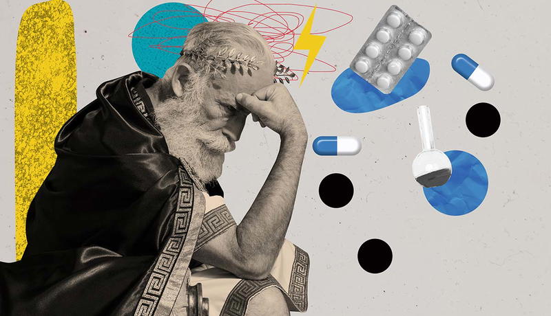 Pensive ancient philosopher amid modern medicine symbols