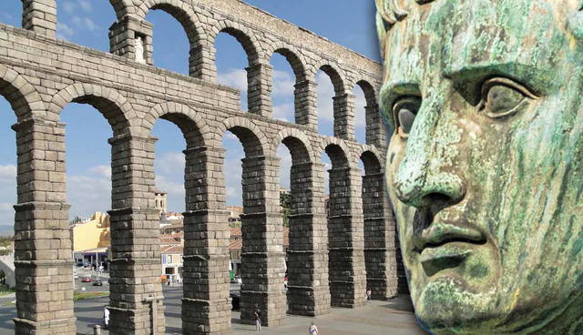 Roman aqueduct with ancient bust overlay