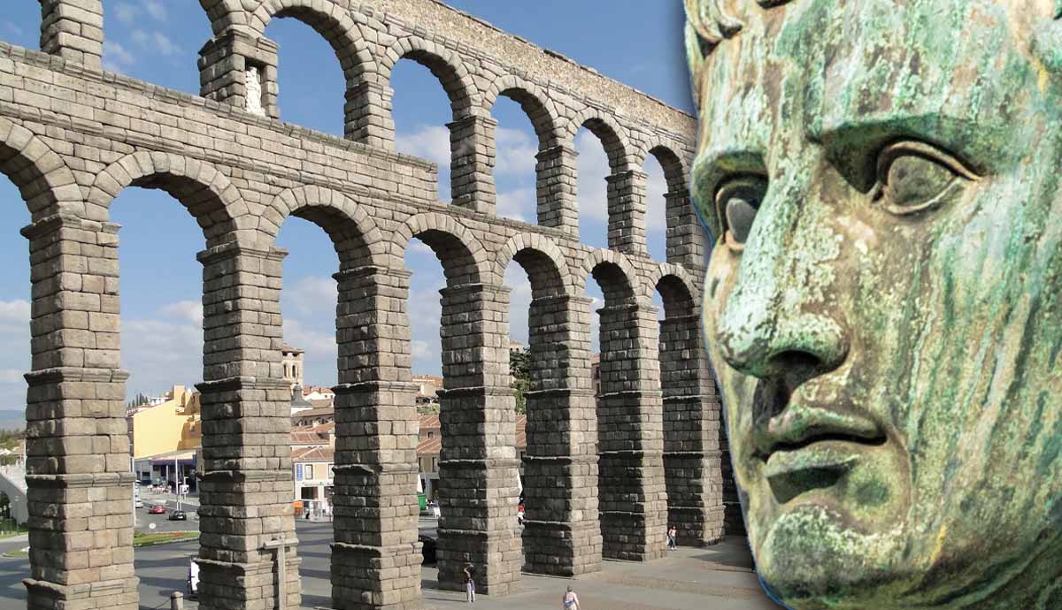 Roman aqueduct with ancient bust overlay