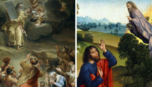 Moses receiving commandments and burning bush paintings