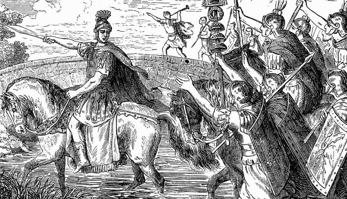 Julius Caesar crossing the Rubicon river
