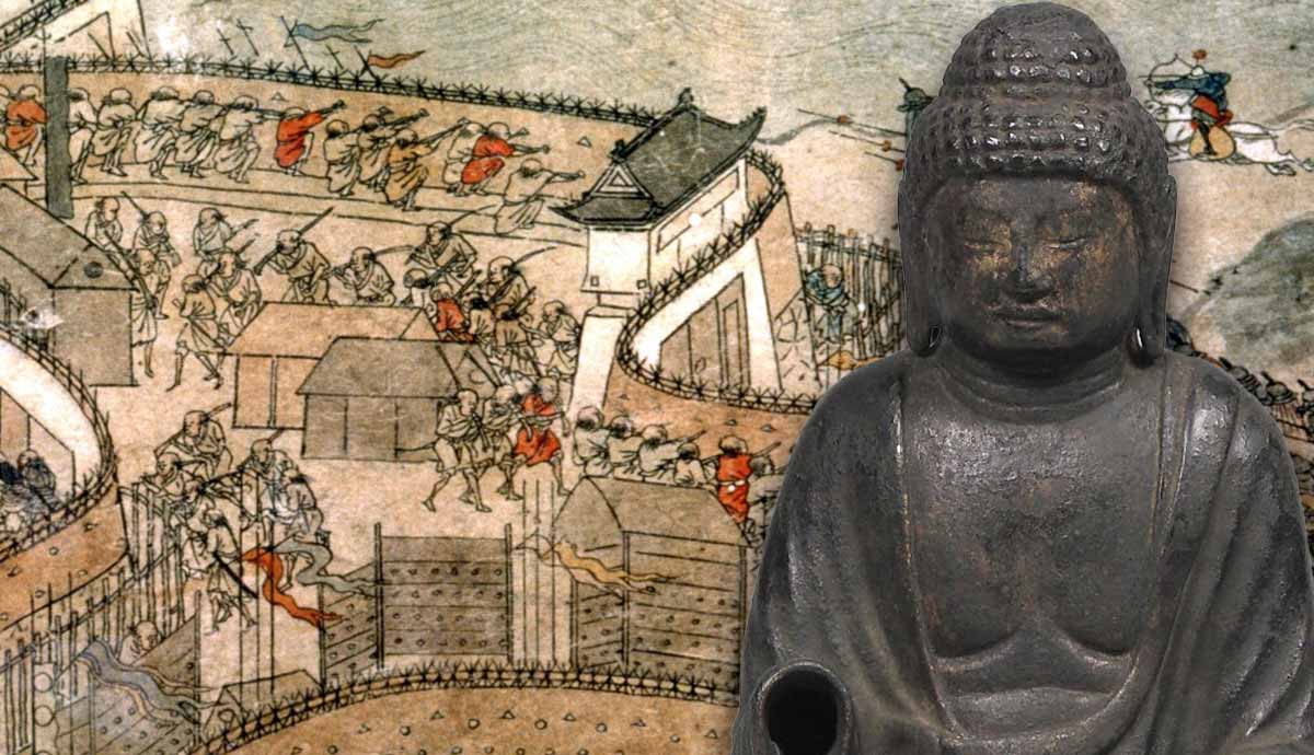 Seated Buddha overlaid on battle scene