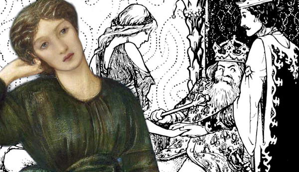 Split portrait of Cinderella and Tattercoats illustration