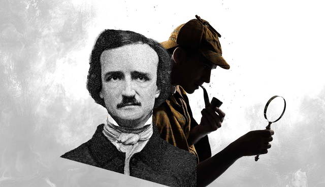 Edgar Allan Poe and a detective silhouette
