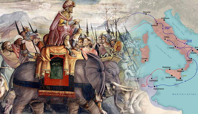 Gemini said Classical painting of Carthaginian General Hannibal Barca riding a war elephant with his army, juxtaposed with a historical map of the Mediterranean showing military routes and major battle sites in Spain, Italy, and Carthage during the Second Punic War.