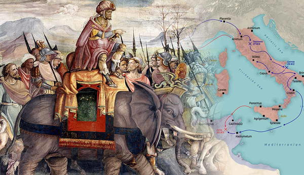 Gemini said Classical painting of Carthaginian General Hannibal Barca riding a war elephant with his army, juxtaposed with a historical map of the Mediterranean showing military routes and major battle sites in Spain, Italy, and Carthage during the Second Punic War.
