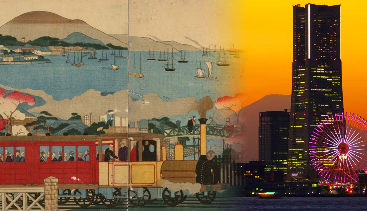 Steam train print blending with modern Yokohama skyline