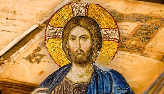 Christ mosaic over illuminated manuscript pages
