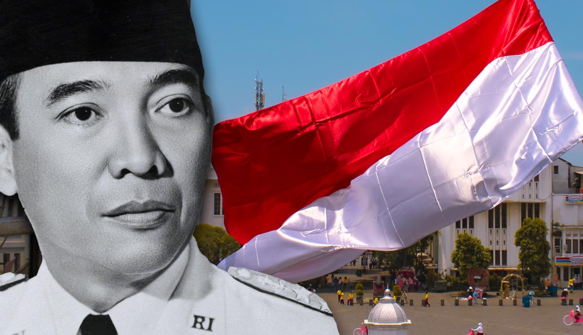 Sukarno's portrait beside the Indonesian flag