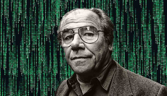 jean baudrillard portrait against digital code backdrop