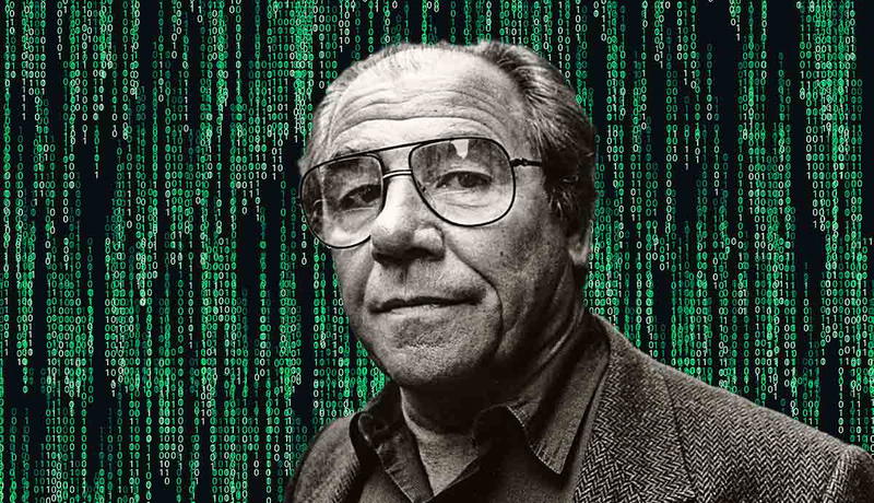 jean baudrillard portrait against digital code backdrop