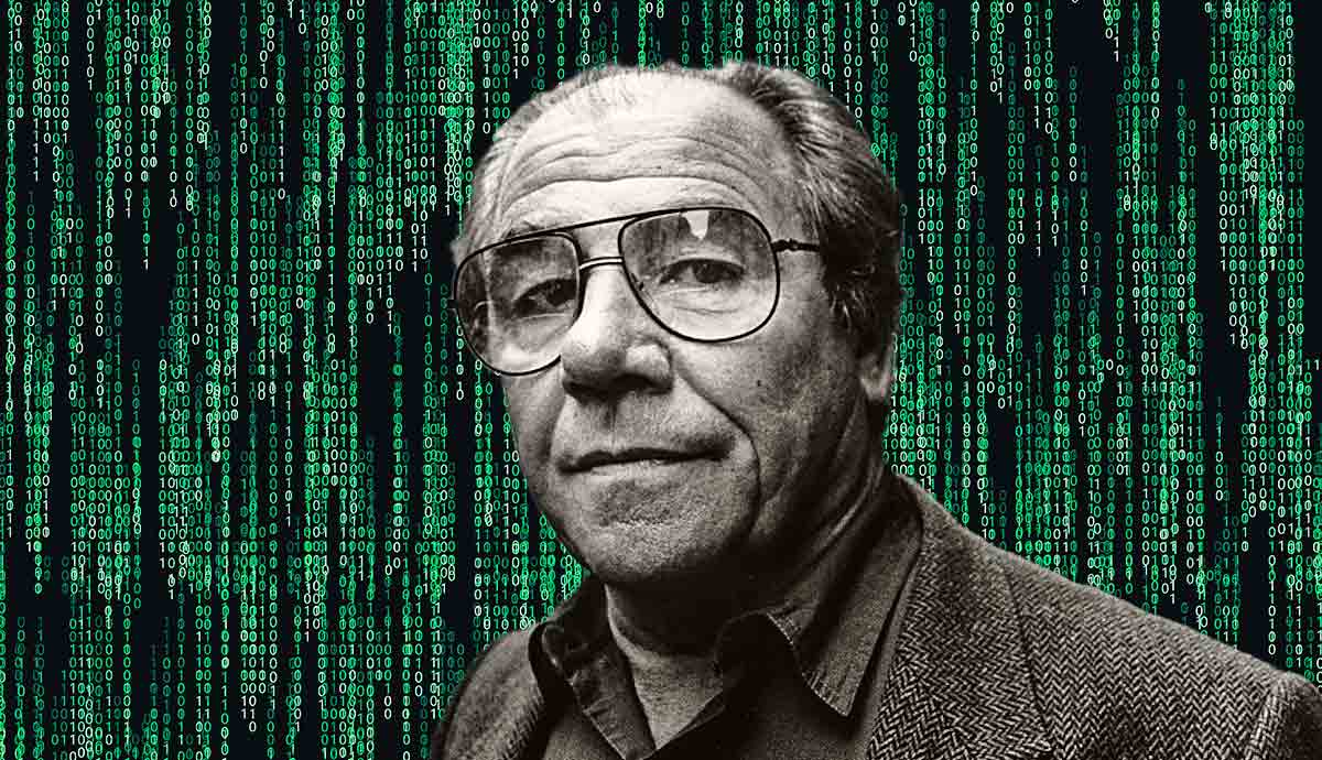 jean baudrillard portrait against digital code backdrop