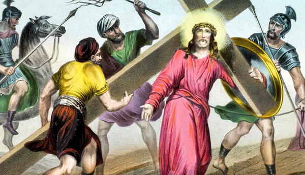 jesus receives help of simon cyrene painting