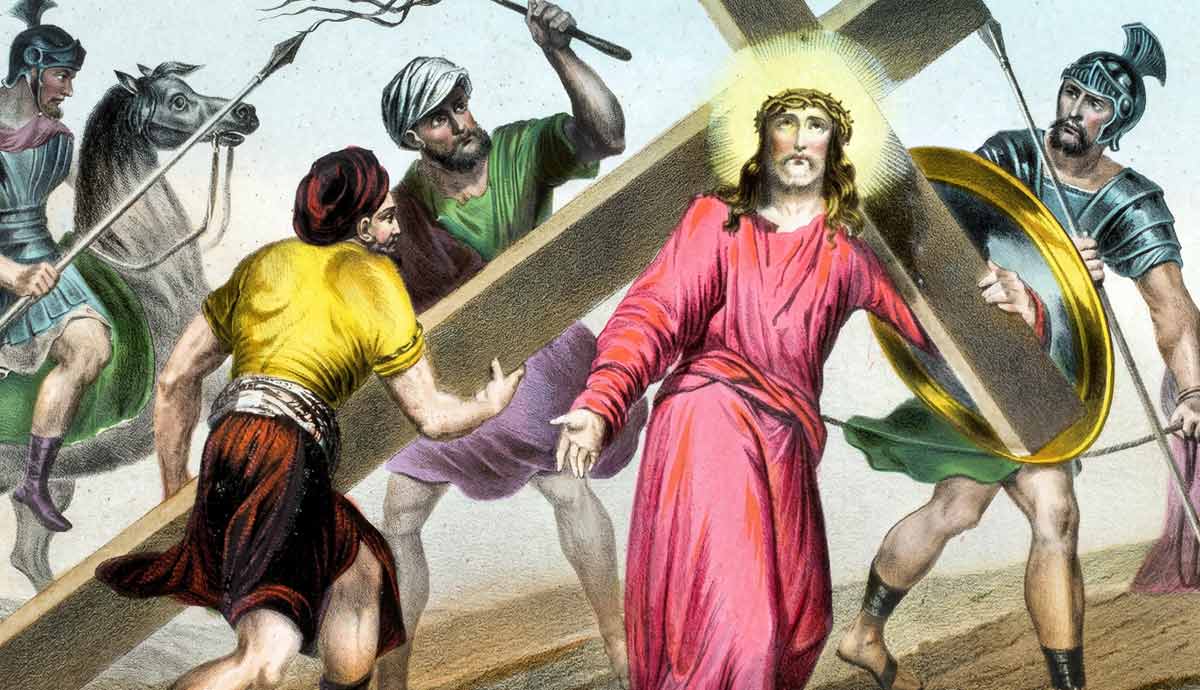 jesus receives help of simon cyrene painting