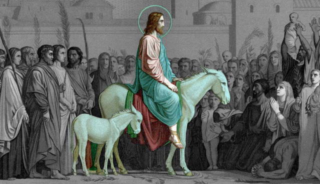 jesus riding donkey entering jerusalem palm sunday painting