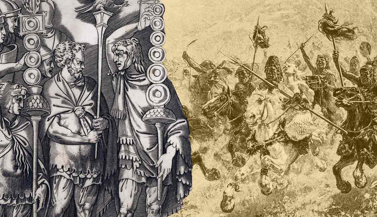 Roman soldiers and barbarian battle scene