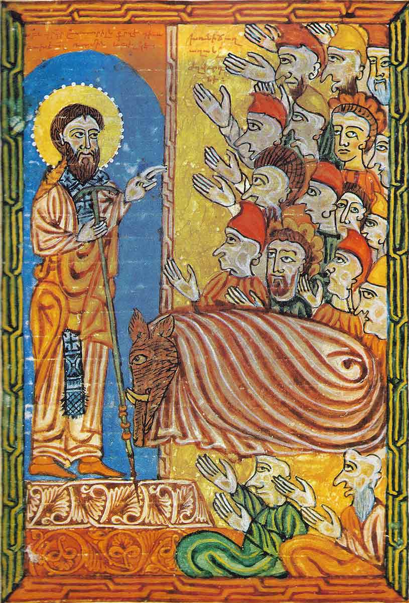 miniature showing gregory with tiridates as a boar painting