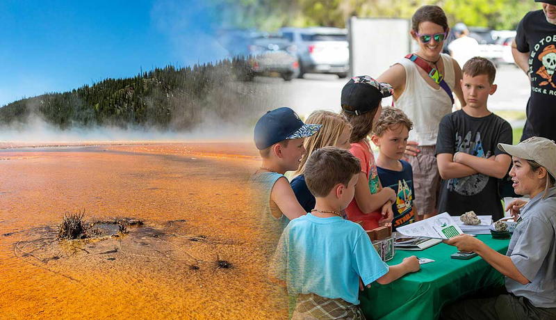 Ranger teaches kids and Grand Prismatic Spring