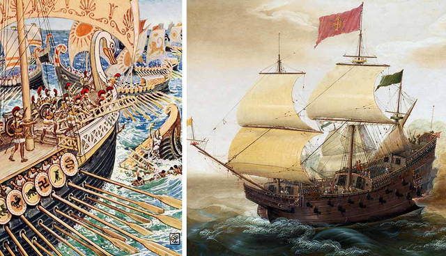 Two paintings showing historical ships