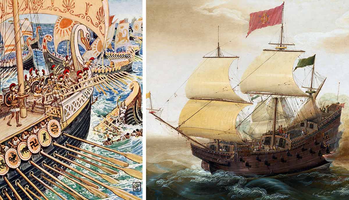 Two paintings showing historical ships