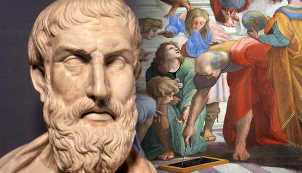 Ancient Greek philosopher bust and fresco detail