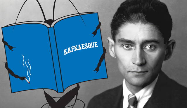 Kafka portrait with “Kafkaesque” book illustration