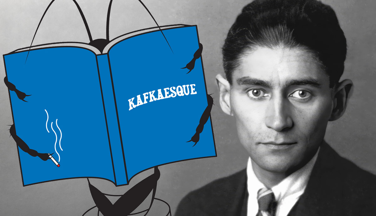 Kafka portrait with “Kafkaesque” book illustration