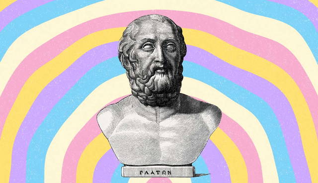 Plato bust against rainbow background