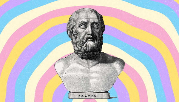 Plato bust against rainbow background