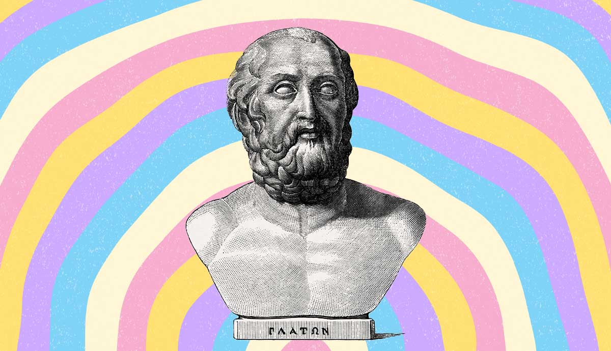 Plato bust against rainbow background