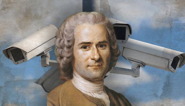 Rousseau portrait surrounded by security cameras