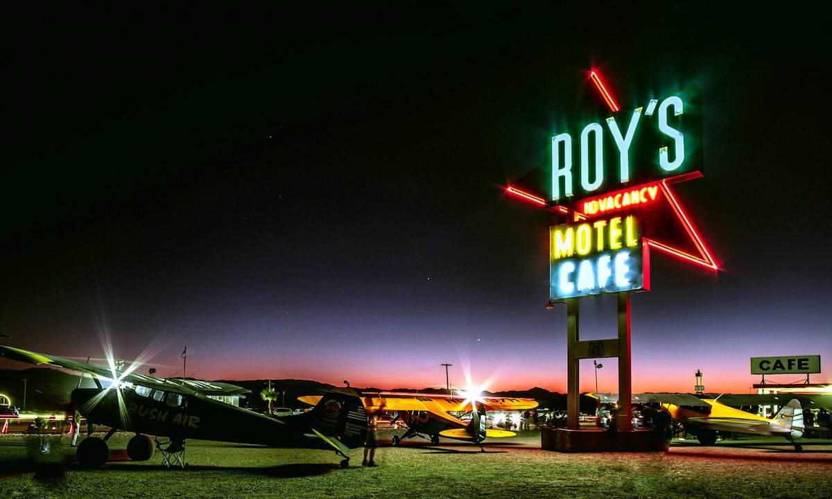 Roy’s Motel and Café sign and buildings in Amboy, California, on historic Route 66 in the Mojave Desert
