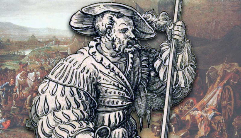 Landsknecht mercenary illustration over a scene of the Sack of Rome