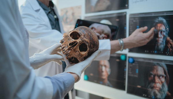 Scientist examining a Neanderthal skull