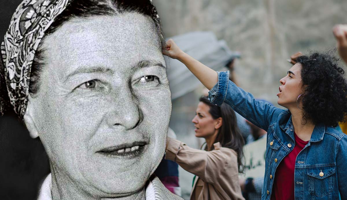 Simone de Beauvoir beside modern protest