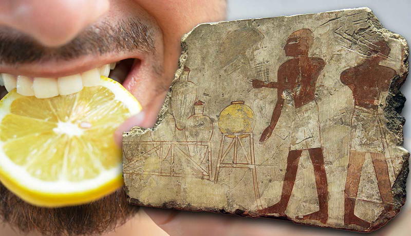 Man biting lemon beside ancient disease scene